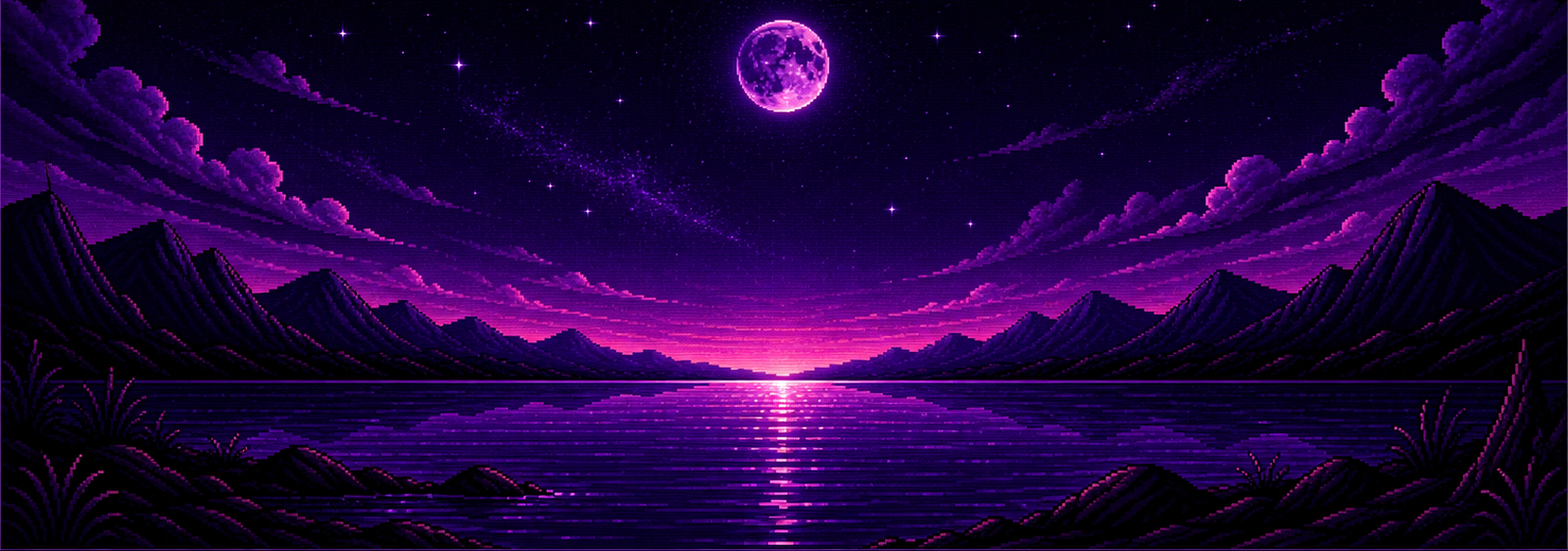 A moonlit lake beneath purple clouds
